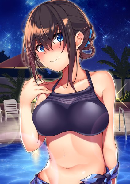 Anime picture 1240x1753 with idolmaster idolmaster cinderella girls sagisawa fumika kurenai hanpen single tall image blush fringe short hair blue eyes light erotic hair between eyes brown hair upper body night sparkle night sky groin girl navel