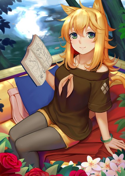 Anime picture 2829x4000 with original sonikey0 0 single long hair tall image looking at viewer highres blonde hair green eyes animal ears tail animal tail cat ears cat girl cat tail girl flower (flowers) shorts book (books) short shorts