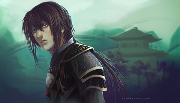 Anime picture 1100x632 with original felicemelancholie single long hair black hair wide image signed ponytail tail realistic architecture east asian architecture samurai boy plant (plants) tree (trees) armor