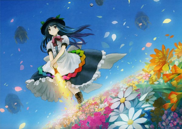 Anime picture 4648x3288 with touhou hinanawi tenshi masakichi single long hair highres smile brown eyes blue hair looking away absurdres sky wind short sleeves puffy sleeves field glowing weapon girl dress flower (flowers)