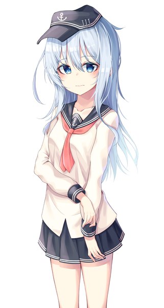 Anime picture 1500x2800 with kantai collection hibiki destroyer yaya (yayaa 00) single long hair tall image looking at viewer blush fringe blue eyes simple background hair between eyes standing white background silver hair long sleeves pleated skirt girl skirt uniform