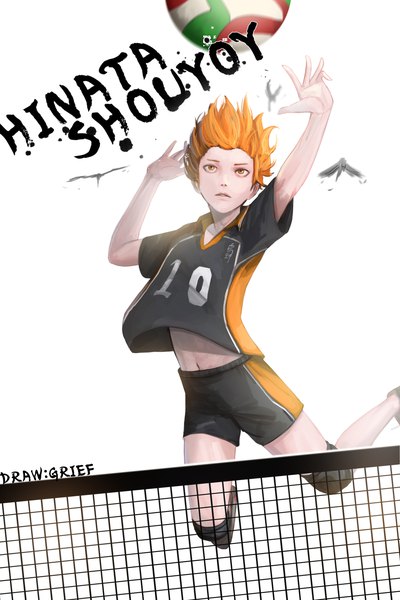 Anime picture 2000x3000 with haikyuu!! production i.g hinata shouyou grief single tall image highres short hair simple background white background signed parted lips orange hair arms up orange eyes character names looking up jumping playing sports volleyball
