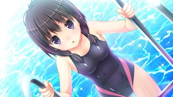 Anime picture 1280x720 with quintuple splash yashio sahori single long hair looking at viewer open mouth light erotic black hair wide image twintails purple eyes game cg girl swimsuit one-piece swimsuit competition swimsuit black swimsuit