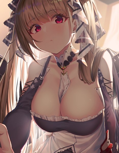 Anime picture 1000x1280 with azur lane formidable (azur lane) soya (torga) single long hair tall image looking at viewer blush fringe breasts light erotic hair between eyes red eyes large breasts twintails cleavage upper body indoors blunt bangs grey hair