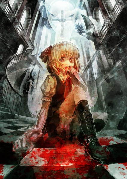 Anime picture 849x1200 with touhou rumia organ derwald tall image looking at viewer fringe short hair blonde hair red eyes sitting eating checkered floor guro girl dress bow hair bow boots blood cross