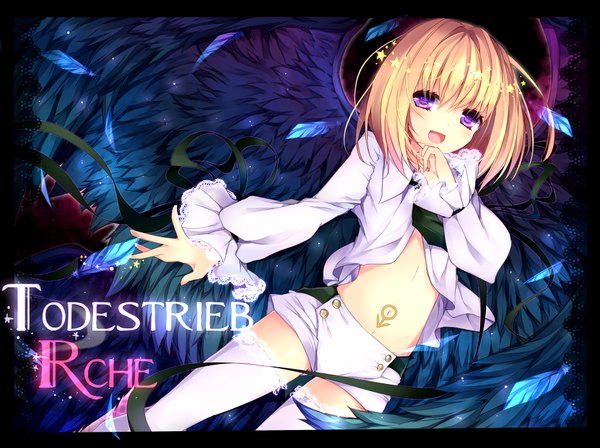 Anime picture 1000x748 with beatmania beatmania iidx rche (beatmania) homaderi single blush short hair open mouth blonde hair purple eyes girl thighhighs navel hat shirt white thighhighs wings shorts white shorts