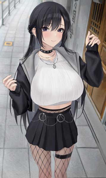 Anime picture 1200x2014 with original po ppe single long hair tall image looking at viewer blush fringe breasts light erotic black hair smile hair between eyes standing purple eyes outdoors long sleeves pleated skirt arms up open jacket