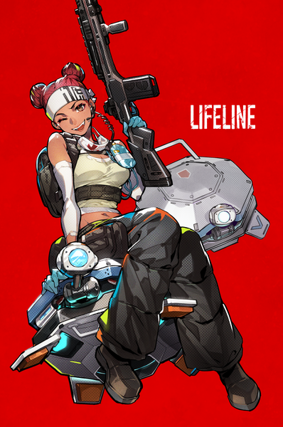 Anime-Bild 1128x1700 mit apex legends d.o.c. health drone lifeline (apex legends) mika pikazo single tall image looking at viewer short hair open mouth simple background sitting brown eyes full body red hair official art hair bun (hair buns) character names red background ;d girl