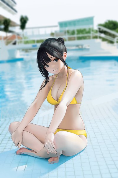 Anime picture 1000x1500 with original leviathan (hikinito0902) single long hair tall image looking at viewer breasts blue eyes light erotic black hair smile large breasts sitting full body outdoors grin indian style poolside photo background girl