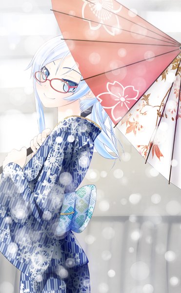 Anime picture 1008x1630 with original nekobaka single tall image blue eyes smile blue hair japanese clothes girl glasses kimono umbrella obi