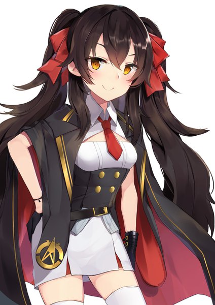 Anime picture 2480x3508 with girls frontline qbz-97 (girls frontline) bada (jksh5056) single long hair tall image looking at viewer blush fringe highres breasts black hair simple background smile hair between eyes standing white background twintails orange eyes zettai ryouiki