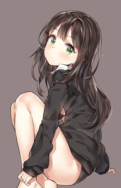 Anime picture 691x1073 with idolmaster idolmaster cinderella girls shibuya rin yuran (cozyquilt) single long hair tall image looking at viewer blush breasts light erotic simple background brown hair sitting green eyes barefoot open clothes bare legs brown background girl