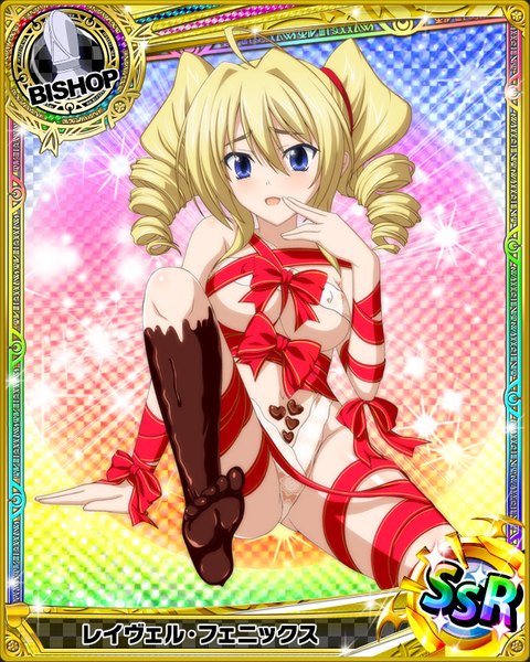 Anime picture 640x800 with highschool dxd ravel phenex single long hair tall image looking at viewer blush breasts open mouth blue eyes light erotic blonde hair twintails drill hair card (medium) valentine naked ribbon girl ribbon (ribbons) food