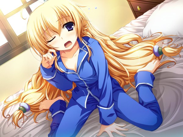 Anime picture 1600x1200 with akatsuki no goei kurayashiki tae tomose shunsaku blue eyes light erotic blonde hair game cg bed pajamas