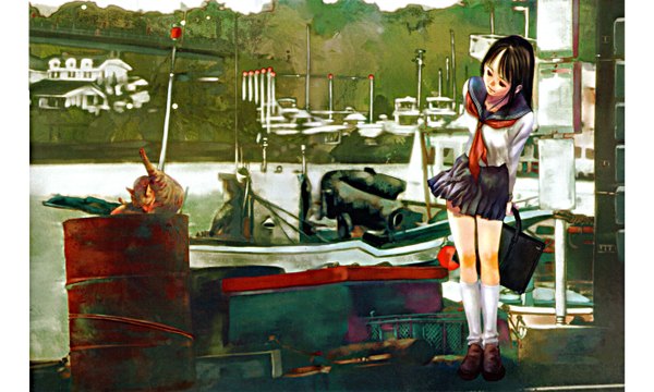 Anime picture 2663x1600 with original haruhiko mikimoto highres short hair black hair wide image wind scan pillarboxed girl animal socks serafuku white socks cat school bag