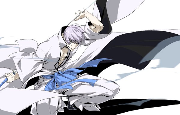 Anime picture 1525x981 with bleach studio pierrot ichimaru gin tom single short hair open mouth smile white background holding purple hair traditional clothes japanese clothes aqua eyes wind teeth shadow squat shinigami gotei