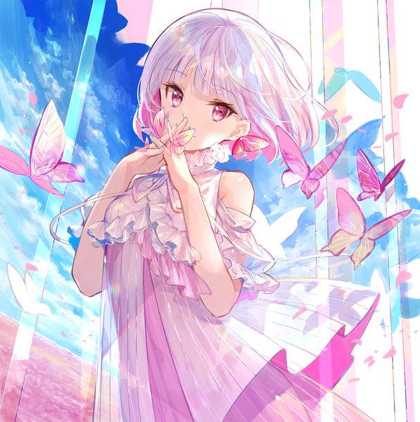 Anime picture 1491x1500 with original fuzichoco single tall image looking at viewer fringe short hair pink hair sky silver hair cloud (clouds) blunt bangs pink eyes horizon hands clasped interlocked fingers girl dress ribbon (ribbons) petals