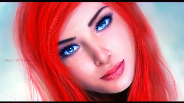 Anime picture 1920x1080 with the little mermaid disney ariel magicnaanavi single long hair highres blue eyes simple background wide image signed red hair lips realistic close-up face girl