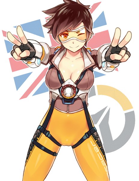 Anime picture 850x1100 with overwatch blizzard entertainment tracer (overwatch) sieyarelow single tall image looking at viewer fringe short hair breasts light erotic smile brown hair large breasts brown eyes cleavage one eye closed wink arms up short sleeves