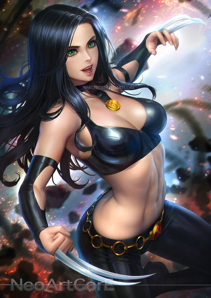 Anime picture 800x1132 with x-men marvel comics x-23 (laura kinney) nudtawut thongmai single long hair tall image looking at viewer breasts open mouth light erotic black hair bare shoulders green eyes signed cleavage bent knee (knees) realistic midriff lipstick
