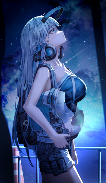 Anime picture 873x1500 with original ruda (ruda e) single long hair tall image fringe breasts blue eyes large breasts standing holding silver hair cloud (clouds) outdoors profile night night sky looking up headphones around neck shooting star