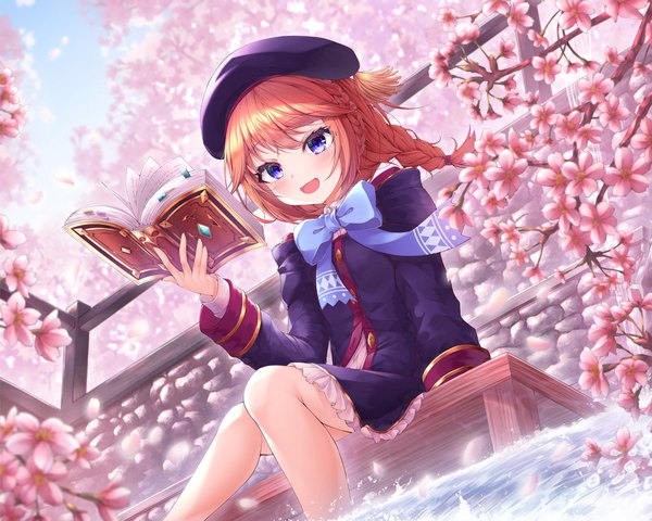 Anime picture 4000x3200 with princess connect! re:dive princess connect! yuni (princess connect!) ichizon single long hair blush fringe highres open mouth blue eyes smile sitting holding absurdres sky outdoors braid (braids) long sleeves :d