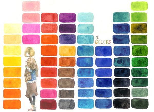 Anime picture 1500x1099 with original wayukako single blush short hair blue eyes blonde hair standing full body looking back traditional media watercolor (medium) girl