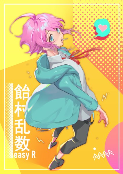 Anime picture 2480x3508 with hypnosis mic amemura ramuda charcoal540 single tall image highres short hair blue eyes pink hair full body ahoge from above character names boy food heart sweets candy speech bubble lollipop
