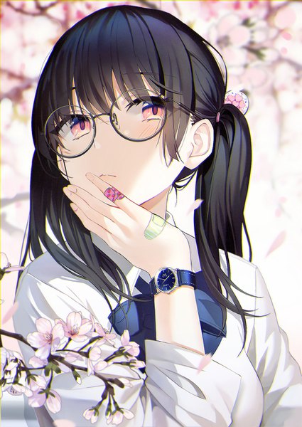 Anime picture 1000x1410 with original dr poapo single long hair tall image looking at viewer blush fringe breasts black hair hair between eyes twintails upper body pink eyes blurry depth of field cherry blossoms hand on cheek spring girl