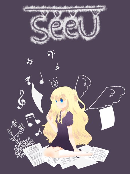 Anime picture 3000x4000 with vocaloid seeu tagme (artist) long hair tall image blush highres blue eyes simple background blonde hair sitting twintails looking away inscription loli character names treble clef fake wings girl dress