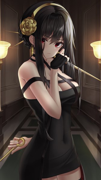 Anime picture 2205x3941 with spy x family yor briar hsxxx single long hair tall image looking at viewer blush fringe highres breasts light erotic black hair hair between eyes red eyes large breasts standing bare shoulders holding indoors