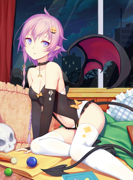 Anime picture 4900x6600 with original sonikey0 0 single long hair tall image looking at viewer fringe highres breasts light erotic hair between eyes sitting purple eyes bare shoulders pink hair absurdres cleavage ahoge indoors tail