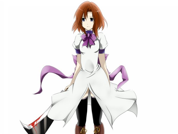 Anime picture 1200x900 with higurashi no naku koro ni studio deen ryuuguu rena nemu (nebusokugimi) single looking at viewer fringe short hair blue eyes simple background brown hair white background holding short sleeves puffy sleeves lacing frown bloody weapon no hat girl