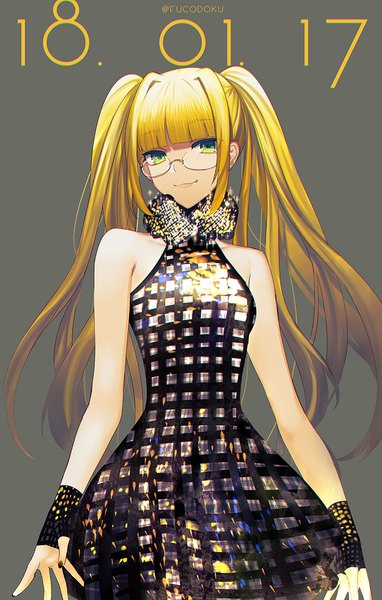 Anime picture 764x1200 with original fucodoku single long hair tall image looking at viewer fringe blonde hair simple background smile twintails green eyes signed payot blunt bangs nail polish grey background sleeveless twitter username dated