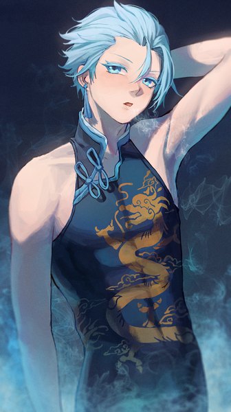 Anime picture 1171x2092 with genshin impact chongyun (genshin impact) cozyu single tall image looking at viewer short hair open mouth blue eyes simple background standing bare shoulders blue hair traditional clothes head tilt sleeveless chinese clothes dark background arm behind head smoke