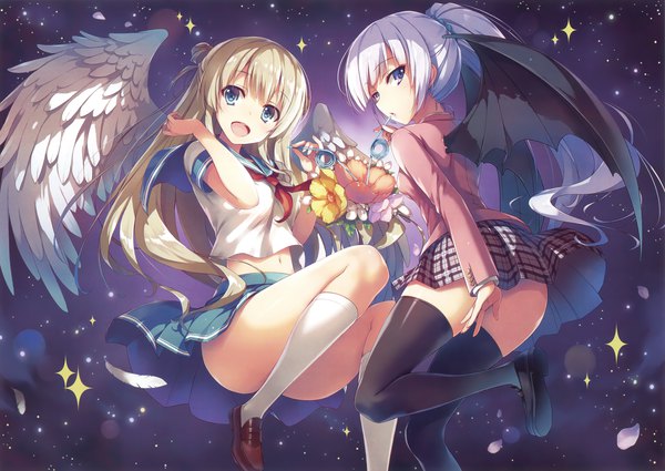 Anime-Bild 3300x2342 mit original eshi 100-nin ten tomose shunsaku long hair looking at viewer fringe highres light erotic blonde hair purple eyes multiple girls absurdres silver hair bent knee (knees) ponytail aqua eyes scan night zettai ryouiki night sky