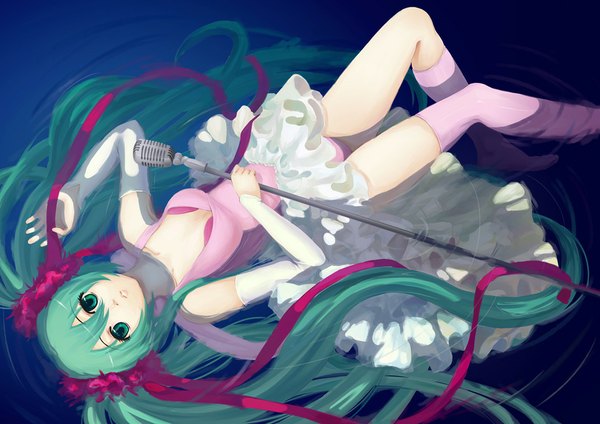 Anime picture 1024x724 with vocaloid hatsune miku sellite single breasts twintails lying very long hair aqua eyes aqua hair girl thighhighs dress ribbon (ribbons) water microphone microphone stand
