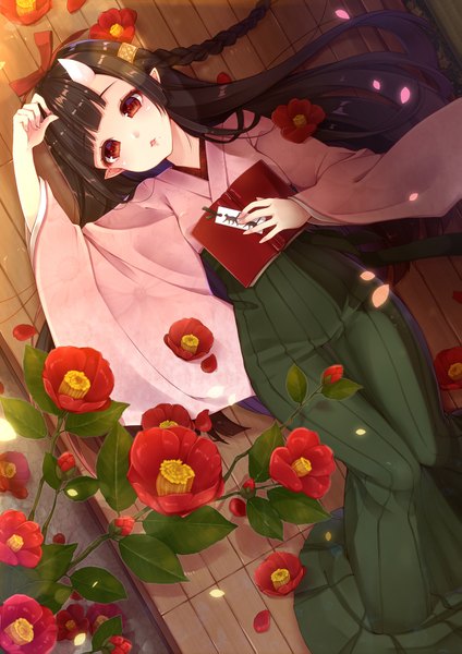 Anime picture 1447x2047 with original ripu (sherypton) single long hair tall image looking at viewer blush fringe open mouth brown hair brown eyes payot bent knee (knees) indoors lying blunt bangs braid (braids) long sleeves traditional clothes head tilt
