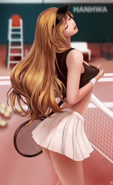 Anime picture 951x1543 with dungeon and fighter female gunner (dungeon and fighter) monaim single long hair tall image fringe breasts open mouth light erotic blonde hair standing holding outdoors eyes closed pleated skirt blurry sweat depth of field thighs