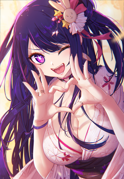 Anime picture 4538x6550 with oshi no ko hoshino ai (oshi no ko) mitsu (mitsu art) single long hair tall image looking at viewer fringe highres breasts open mouth light erotic smile large breasts purple eyes absurdres cleavage purple hair upper body traditional clothes