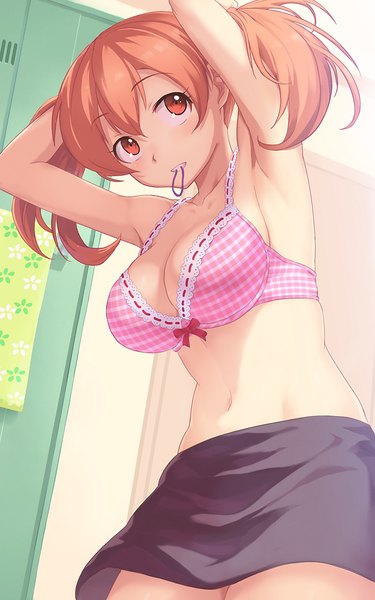 Anime picture 700x1120 with hataraku maou-sama! white fox sasaki chiho guchico single long hair tall image blush breasts light erotic red eyes large breasts twintails orange hair midriff girl skirt navel