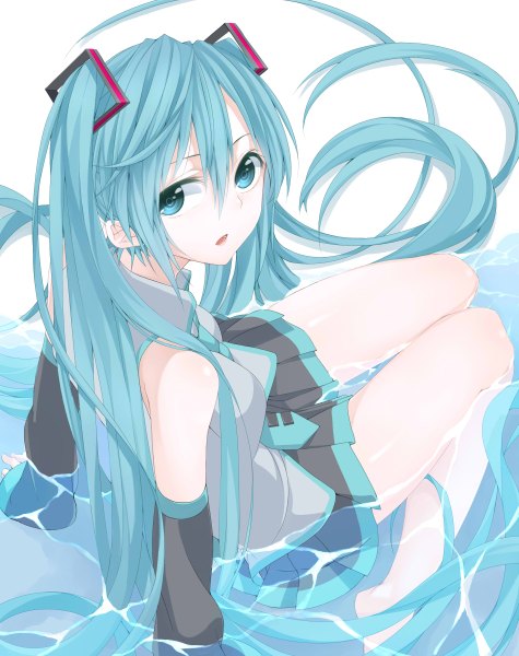 Anime picture 1900x2400 with vocaloid hatsune miku nemu (nebusokugimi) single tall image highres open mouth twintails bare shoulders very long hair aqua eyes aqua hair girl detached sleeves water