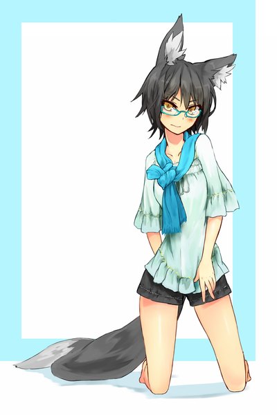 Anime picture 1000x1500 with original nanashi (shirogane usagi) ganesagi single tall image blush fringe short hair black hair standing animal ears yellow eyes bent knee (knees) tail animal tail barefoot bare legs no shoes fox ears kneeling