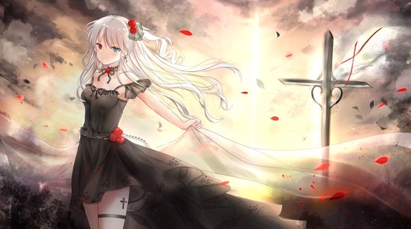 Anime picture 1712x957 with original syara 20001 single long hair looking at viewer blush fringe highres blue eyes hair between eyes red eyes wide image bare shoulders holding silver hair cloud (clouds) hair flower wind sunlight thighs