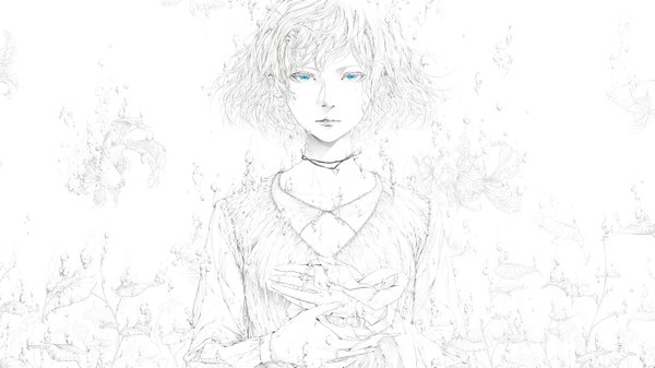 Anime picture 5500x3091 with original bouno satoshi single looking at viewer fringe highres short hair blue eyes simple background wide image white background absurdres long sleeves monochrome underwater spot color girl flower (flowers) plant (plants) animal
