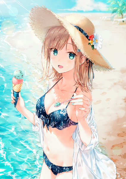 Anime picture 1000x1414 with original hashimoto sana hiten (hitenkei) single long hair tall image looking at viewer blush fringe breasts open mouth blue eyes blonde hair smile standing holding sky cleavage cloud (clouds) outdoors