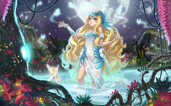 Anime picture 4500x2812 with original -elf-jy long hair highres blue eyes blonde hair wide image sitting absurdres night night sky wet clothes fantasy fairy girl flower (flowers) plant (plants) petals tree (trees) water