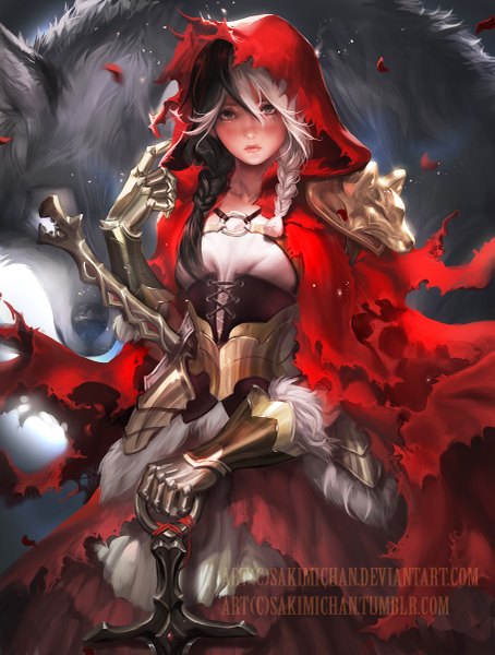 Anime picture 909x1200 with little red riding hood little red riding hood (character) big bad wolf sakimichan long hair tall image looking at viewer blush fringe blue eyes black hair hair between eyes standing holding brown eyes signed white hair braid (braids) multicolored hair lips