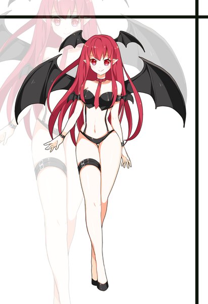 Anime-Bild 2031x2952 mit touhou koakuma greetload single long hair tall image looking at viewer fringe highres light erotic simple background smile red eyes white background full body red hair pointy ears walking head wings bat wings