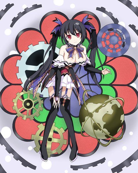 Anime picture 1152x1446 with choujigen game neptune noire single long hair tall image looking at viewer blush breasts light erotic black hair smile red eyes large breasts twintails girl thighhighs dress black thighhighs gears globe